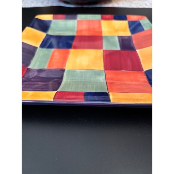 Corsica Hand Painted Large Square Plate Multicolored Check Block design 10"x10" - Picture 6 of 7